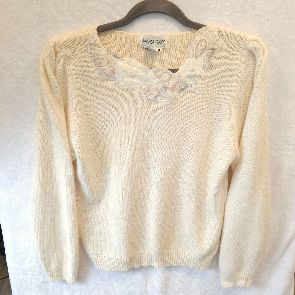 Women's vintage sweater M cream beige silk angora embellished collar romantic